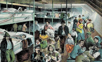 Auswanderer im Zwischendeck auf Postkarte um 1908
